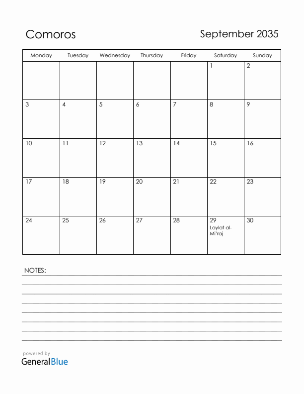 September 2035 Comoros Calendar with Holidays (Monday Start)