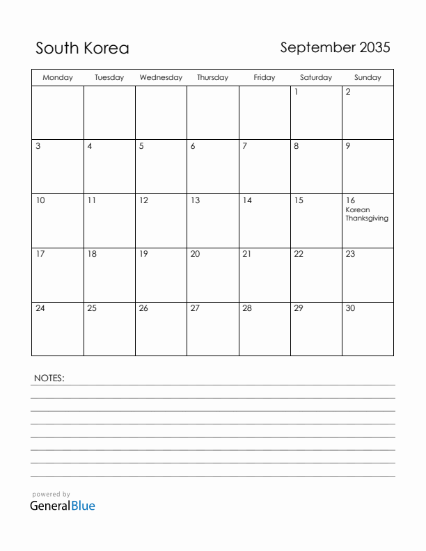 September 2035 South Korea Calendar with Holidays (Monday Start)