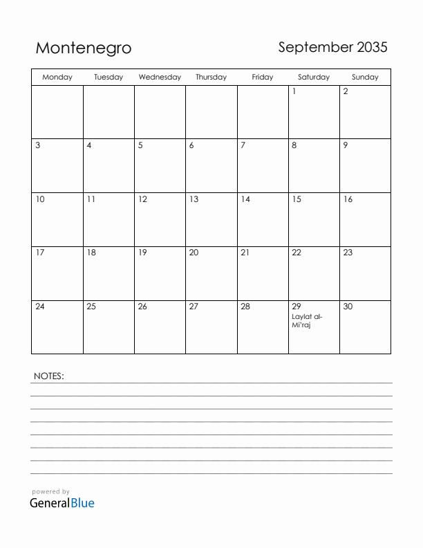 September 2035 Montenegro Calendar with Holidays (Monday Start)