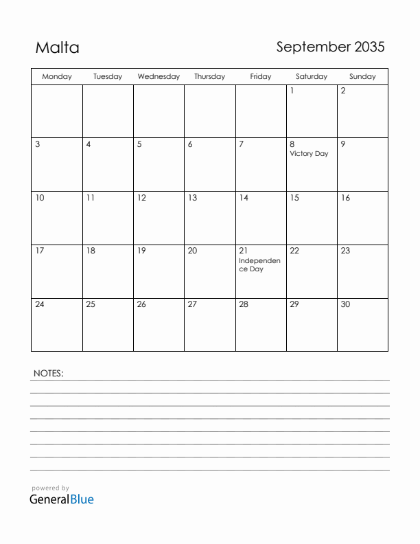 September 2035 Malta Calendar with Holidays (Monday Start)