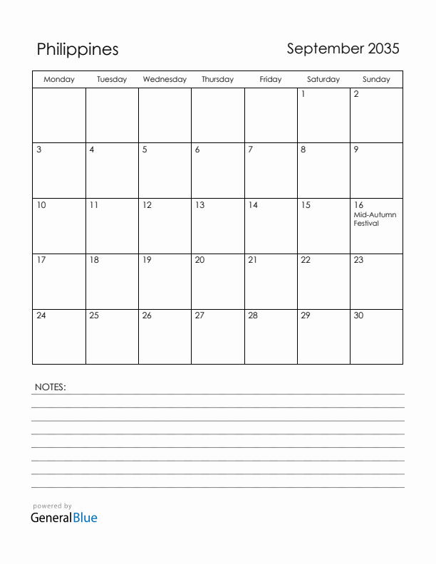 September 2035 Philippines Calendar with Holidays (Monday Start)