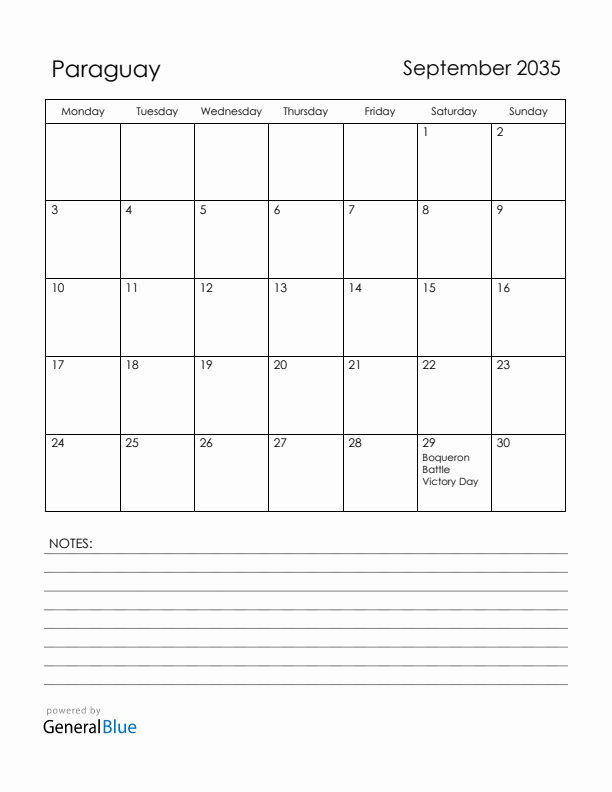 September 2035 Paraguay Calendar with Holidays (Monday Start)
