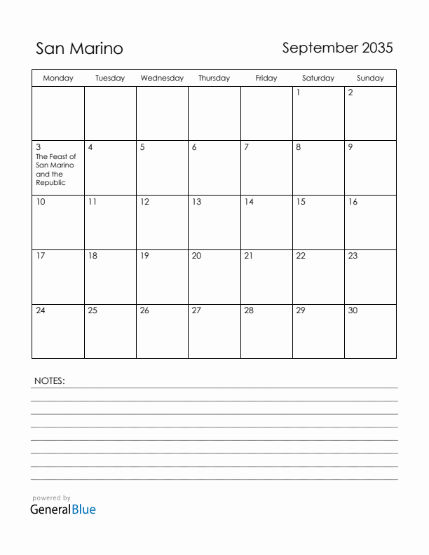 September 2035 San Marino Calendar with Holidays (Monday Start)