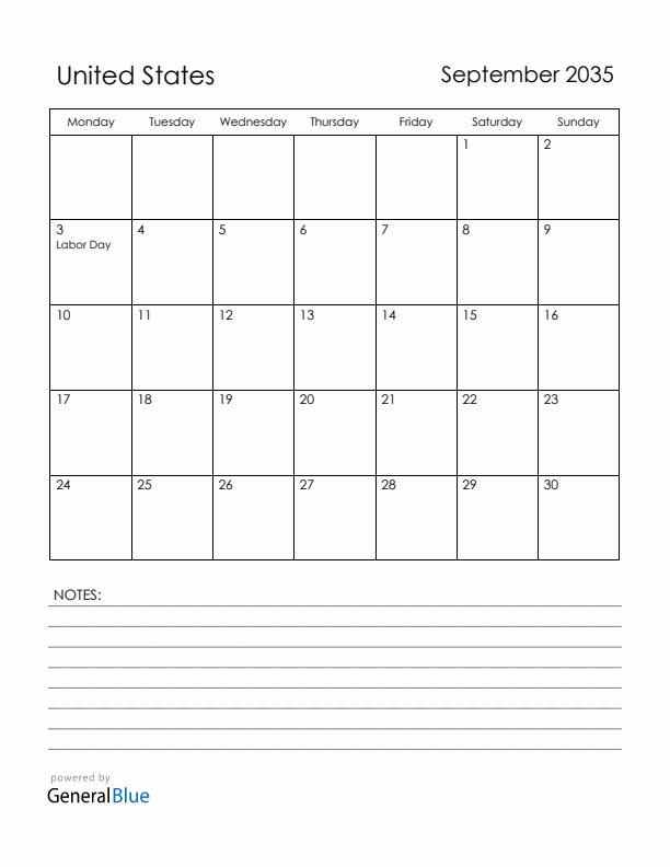 September 2035 United States Calendar with Holidays (Monday Start)