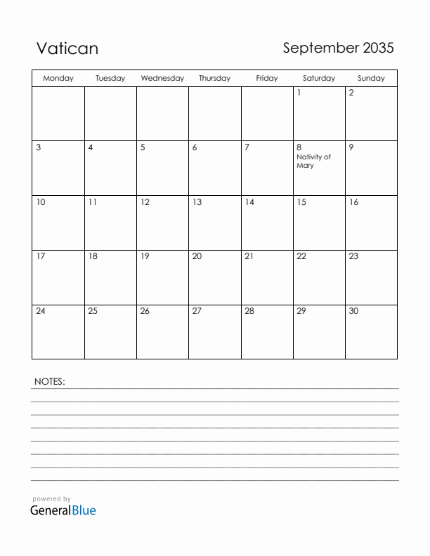 September 2035 Vatican Calendar with Holidays (Monday Start)
