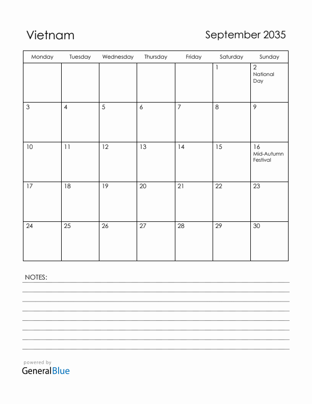 September 2035 Vietnam Calendar with Holidays (Monday Start)