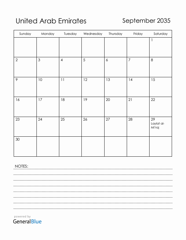 September 2035 United Arab Emirates Calendar with Holidays (Sunday Start)