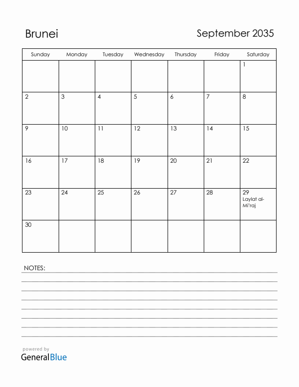 September 2035 Brunei Calendar with Holidays (Sunday Start)