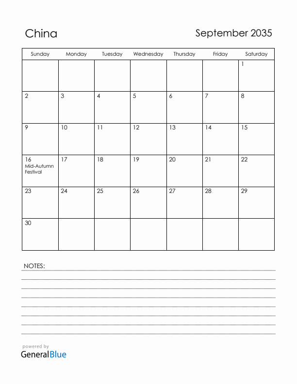September 2035 China Calendar with Holidays (Sunday Start)