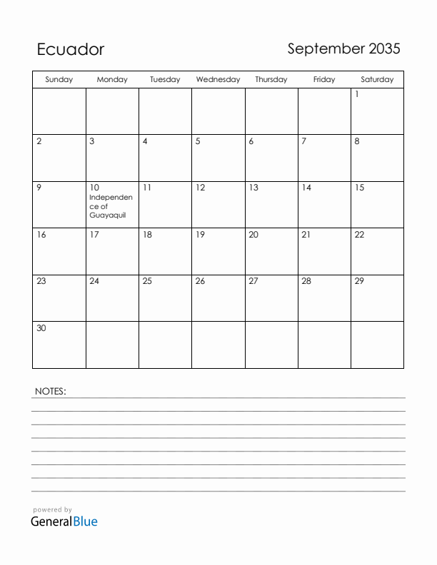 September 2035 Ecuador Calendar with Holidays (Sunday Start)