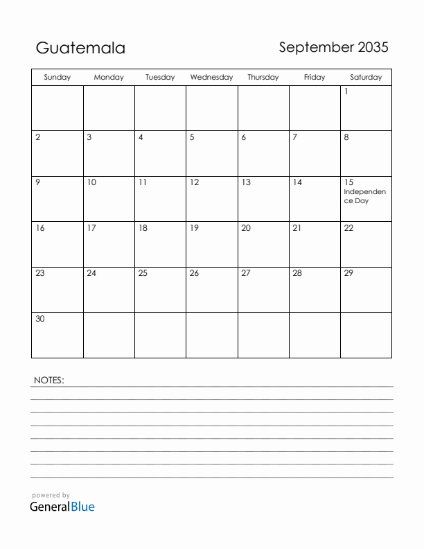 September 2035 Guatemala Calendar with Holidays (Sunday Start)