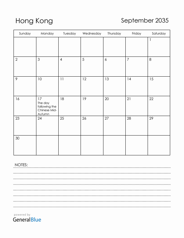 September 2035 Hong Kong Calendar with Holidays (Sunday Start)