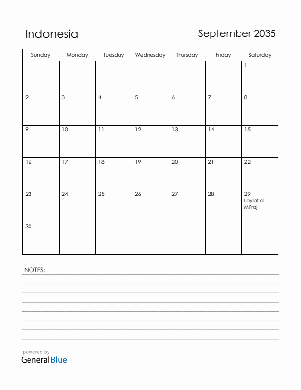 September 2035 Indonesia Calendar with Holidays (Sunday Start)