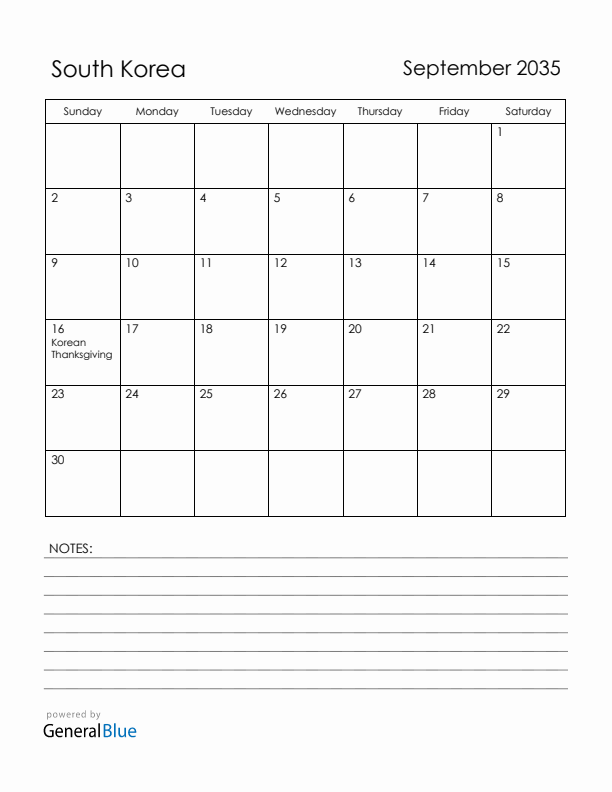 September 2035 South Korea Calendar with Holidays (Sunday Start)