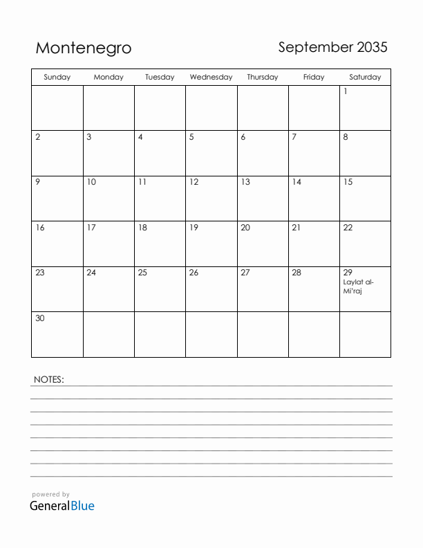 September 2035 Montenegro Calendar with Holidays (Sunday Start)