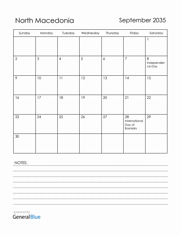 September 2035 North Macedonia Calendar with Holidays (Sunday Start)