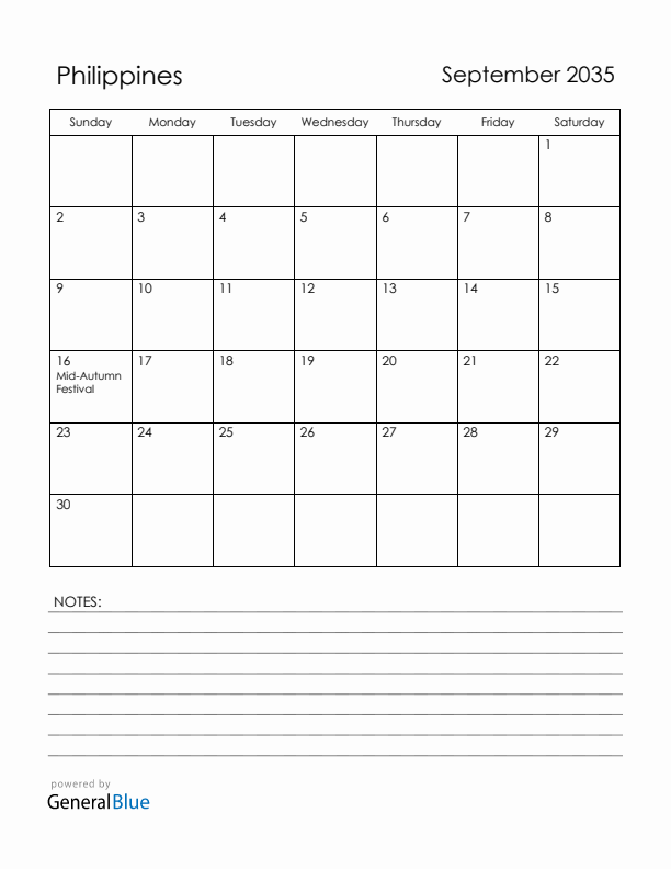 September 2035 Philippines Calendar with Holidays (Sunday Start)