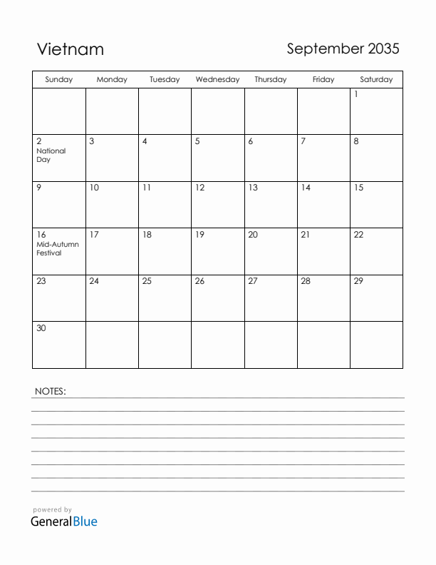 September 2035 Vietnam Calendar with Holidays (Sunday Start)