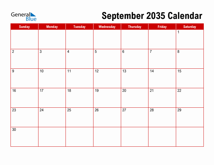 Simple Monthly Calendar - September 2035