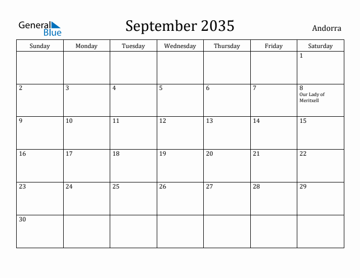 September 2035 Calendar Andorra