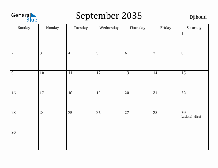 September 2035 Calendar Djibouti