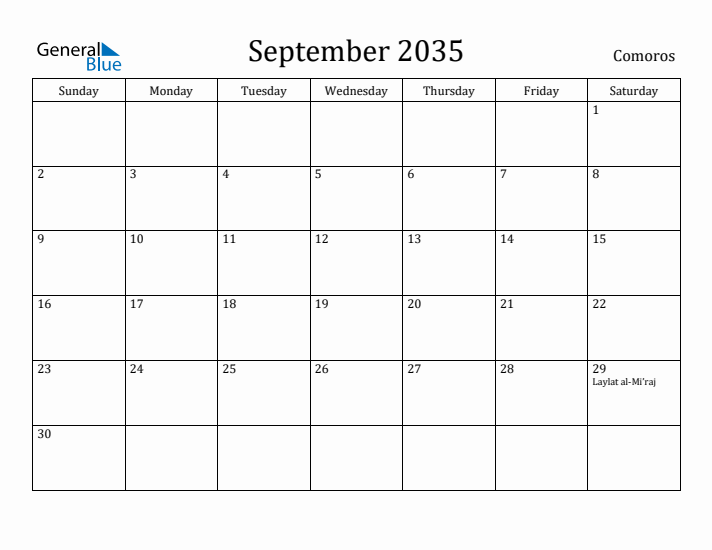 September 2035 Calendar Comoros