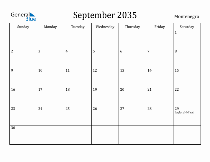September 2035 Calendar Montenegro
