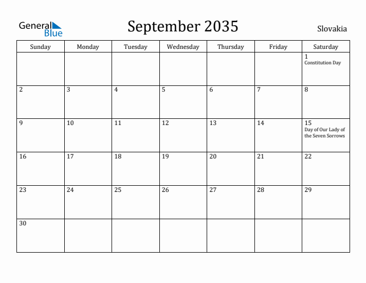 September 2035 Calendar Slovakia