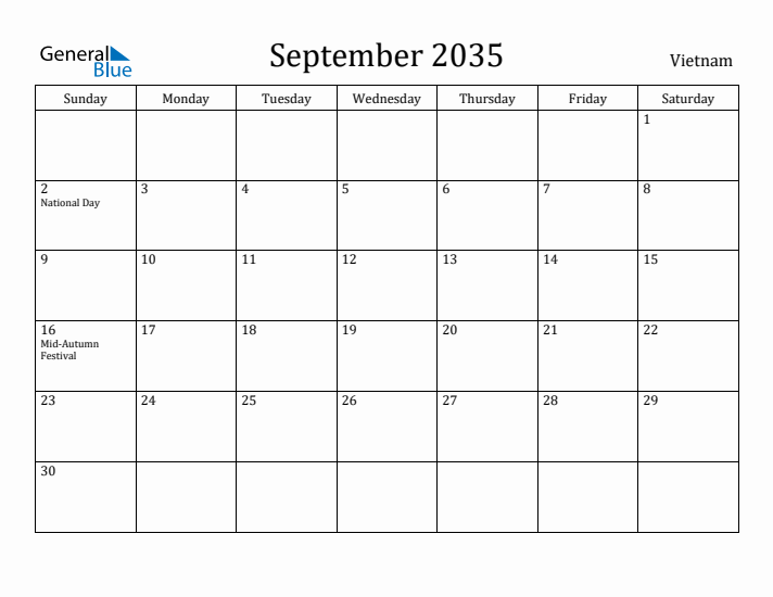 September 2035 Calendar Vietnam