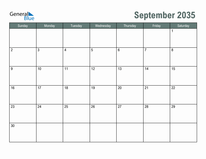 Free Printable September 2035 Calendar