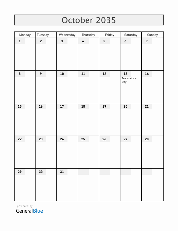 Armenia October 2035 Calendar with Holidays