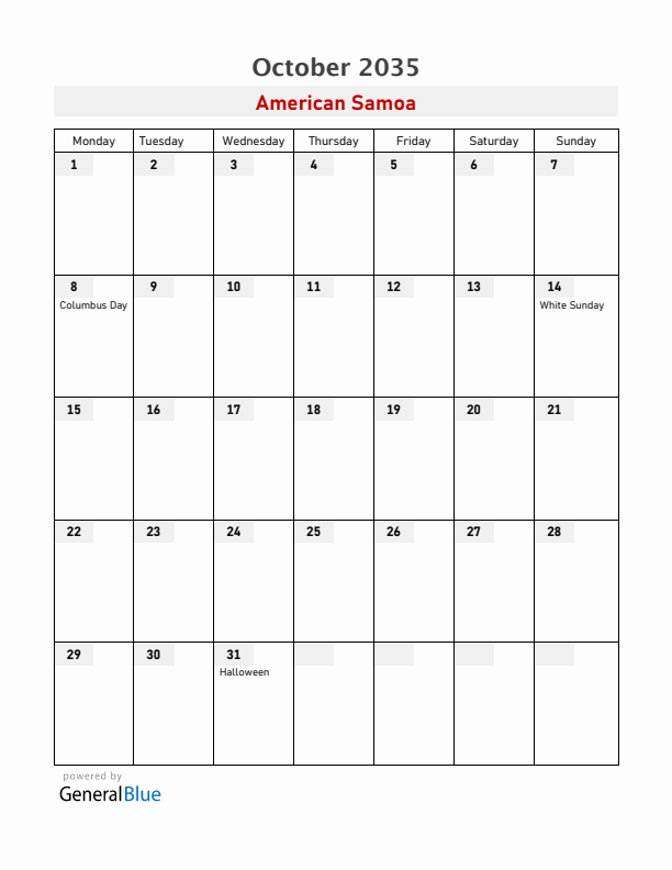 American Samoa October 2035 Calendar with Holidays
