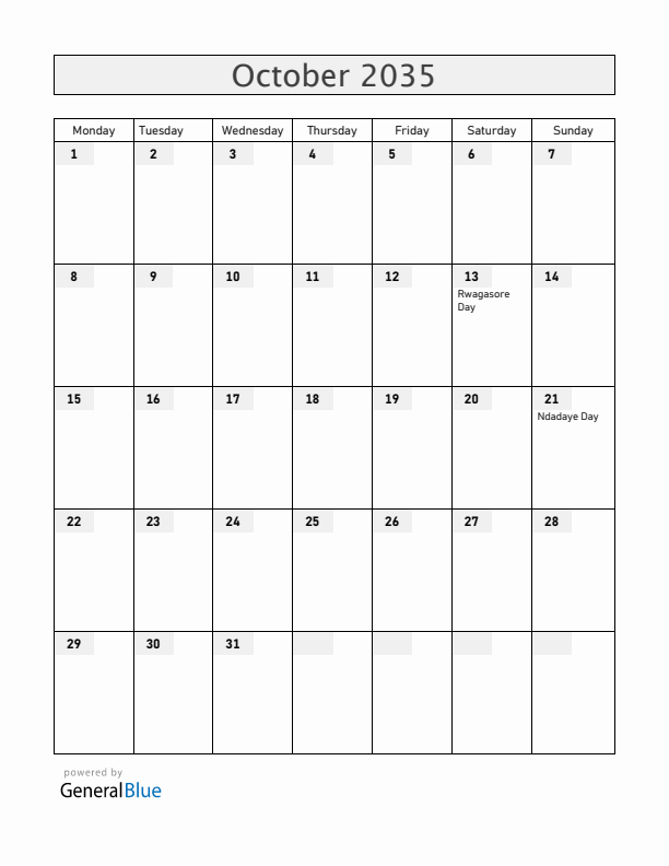 Burundi October 2035 Calendar with Holidays