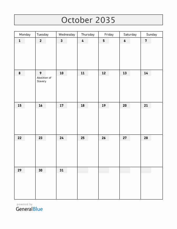 Saint Barthelemy October 2035 Calendar with Holidays