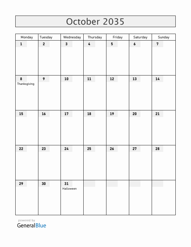 Canada October 2035 Calendar with Holidays