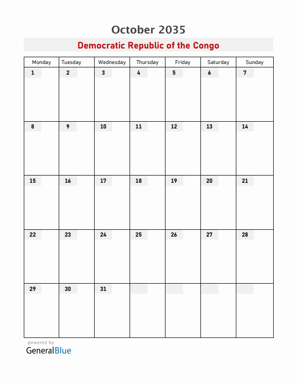 Democratic Republic of the Congo October 2035 Calendar with Holidays