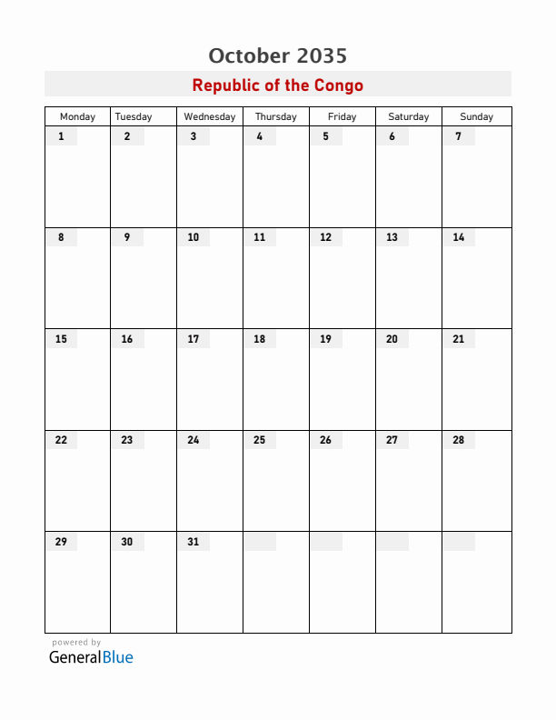 Republic of the Congo October 2035 Calendar with Holidays
