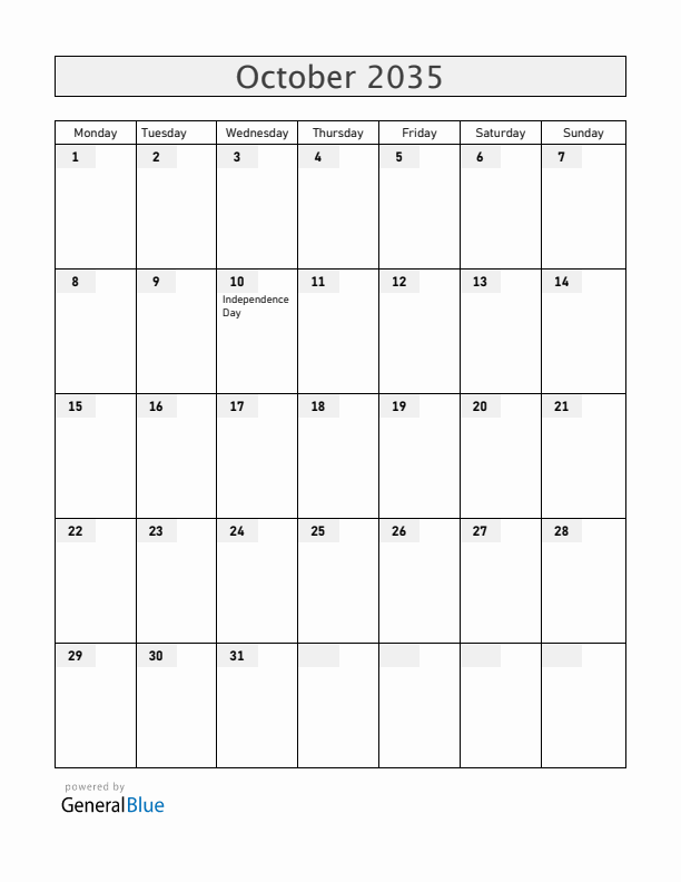 Cuba October 2035 Calendar with Holidays