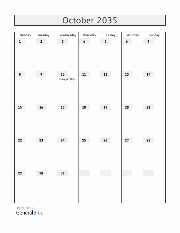 Curacao October 2035 Calendar with Holidays