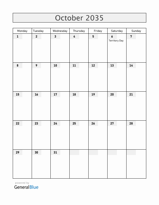 Christmas Island October 2035 Calendar with Holidays