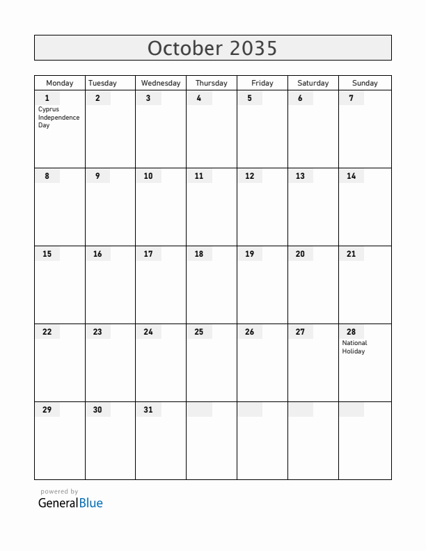 Cyprus October 2035 Calendar with Holidays