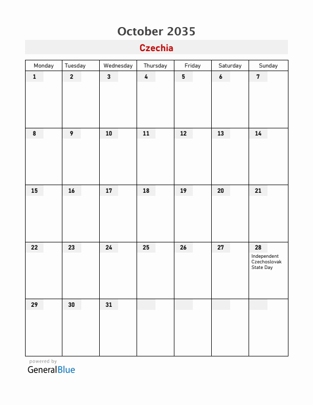 Czechia October 2035 Calendar with Holidays
