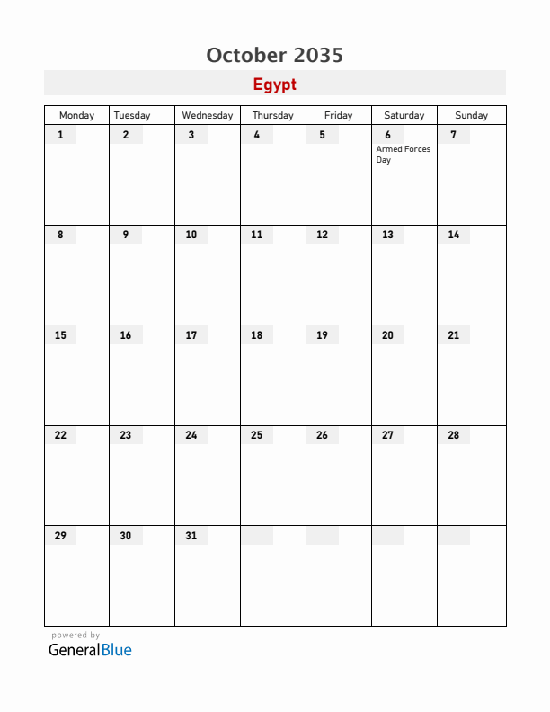 Egypt October 2035 Calendar with Holidays