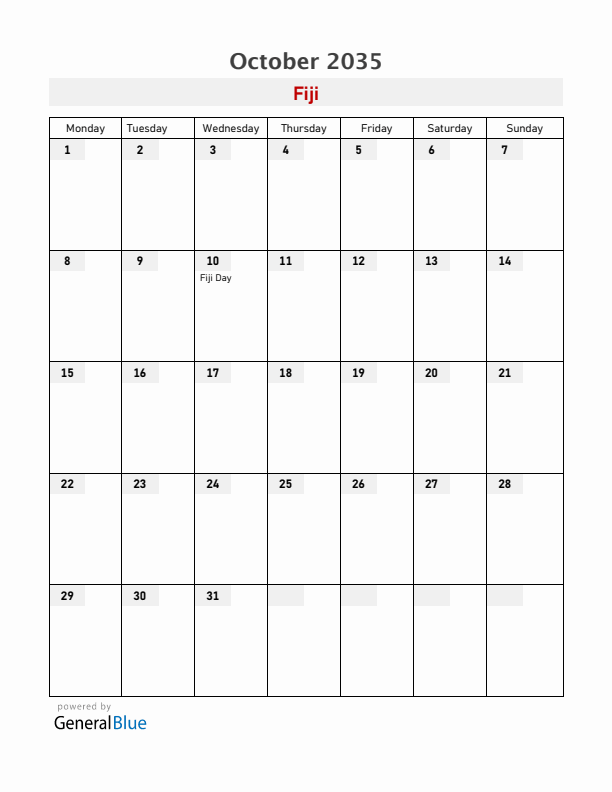 Fiji October 2035 Calendar with Holidays
