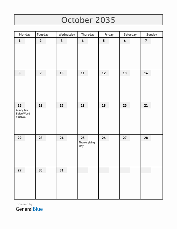 Grenada October 2035 Calendar with Holidays