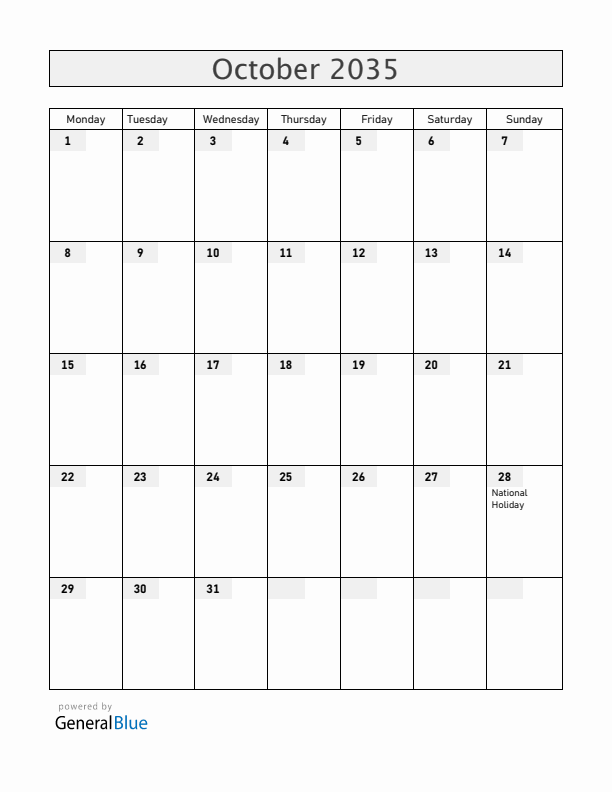 Greece October 2035 Calendar with Holidays