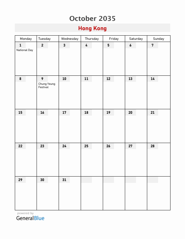 Hong Kong October 2035 Calendar with Holidays