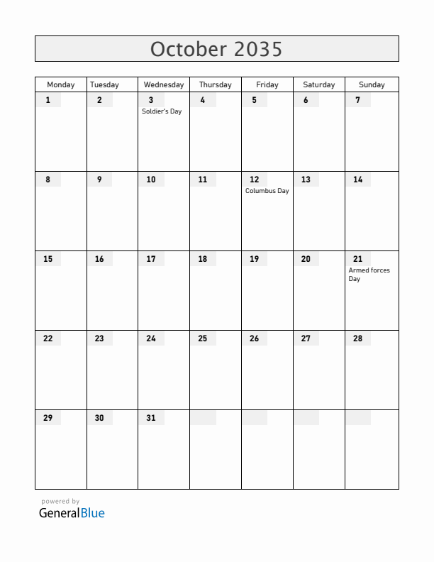 Honduras October 2035 Calendar with Holidays