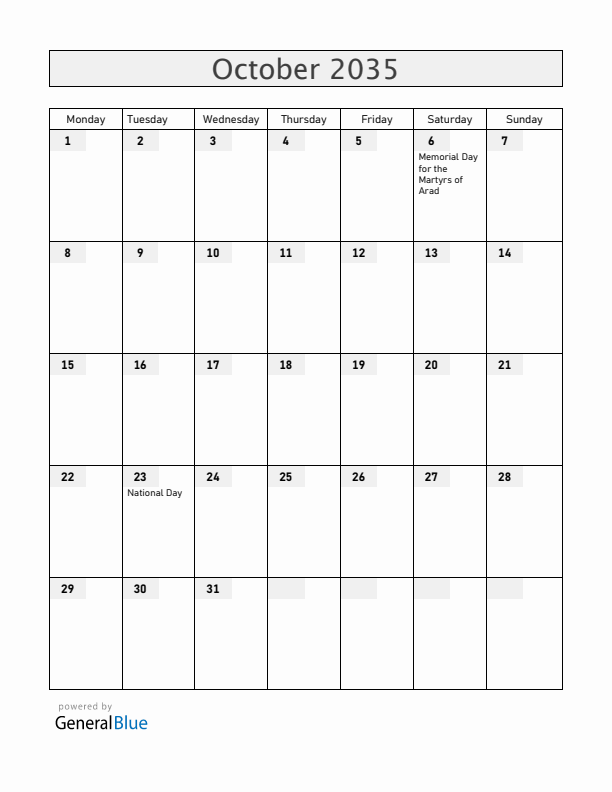Hungary October 2035 Calendar with Holidays