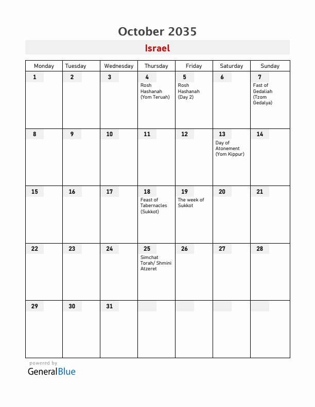 Israel October 2035 Calendar with Holidays